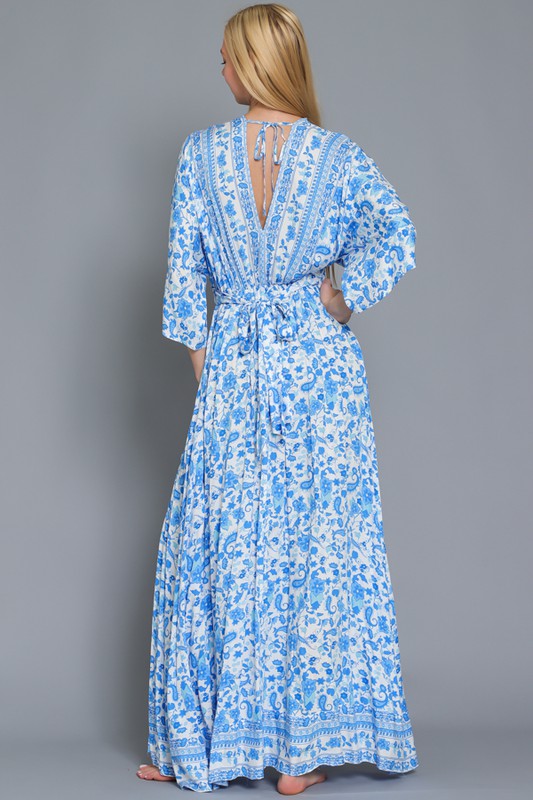 Finer Things Blue Floral Printed Bohemian Kimono Sleeve Gown