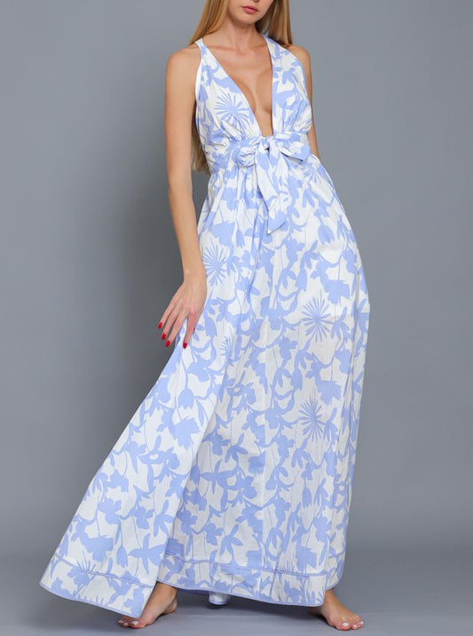 Constance Vintage Floral Maxi Gown In Blue And White