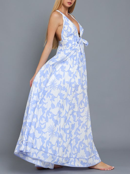 Constance Vintage Floral Maxi Gown In Blue And White