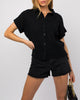 Play It Cool Short Sleeve Button Down Blouse In Black