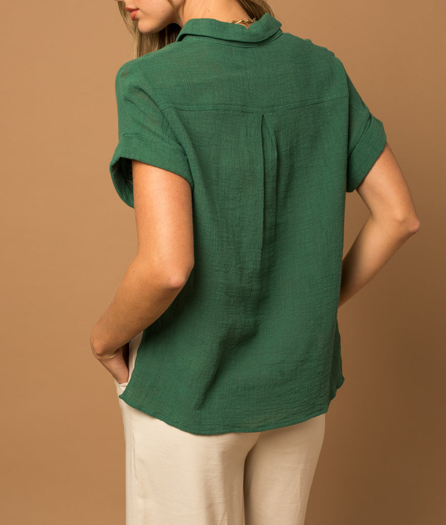 Play It Cool Short Sleeve Button Down Blouse In Forest Green