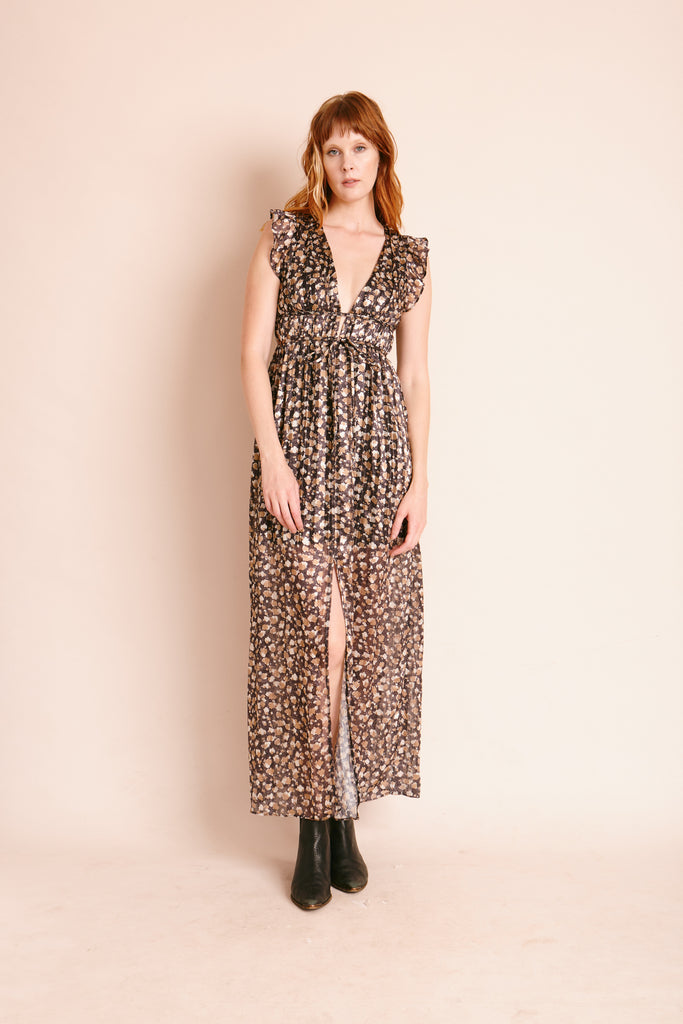 Under The Night Sky Black/Camel Print V-Neck Maxi Dress