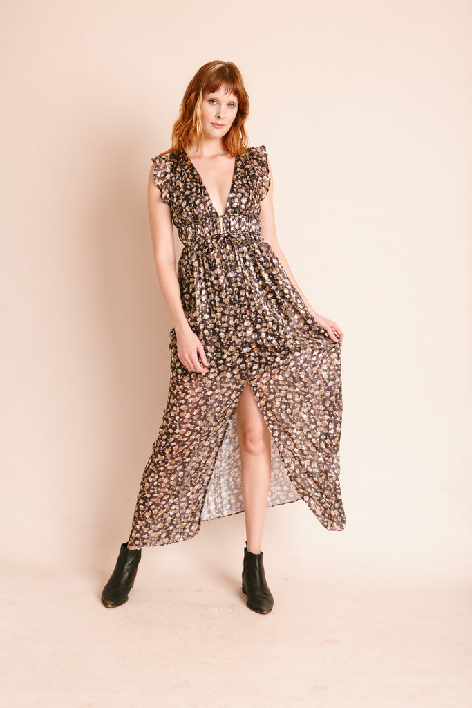Under The Night Sky Black/Camel Print V-Neck Maxi Dress