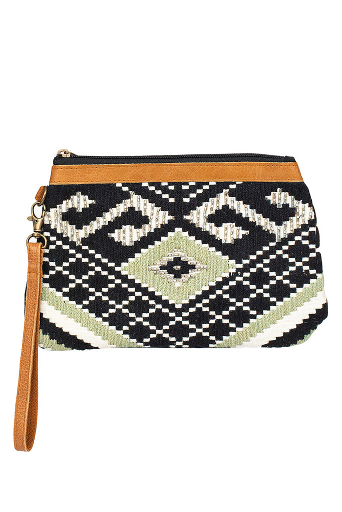 Bohemian Embroidered Zip Clutch With Vegan Leather Detailing