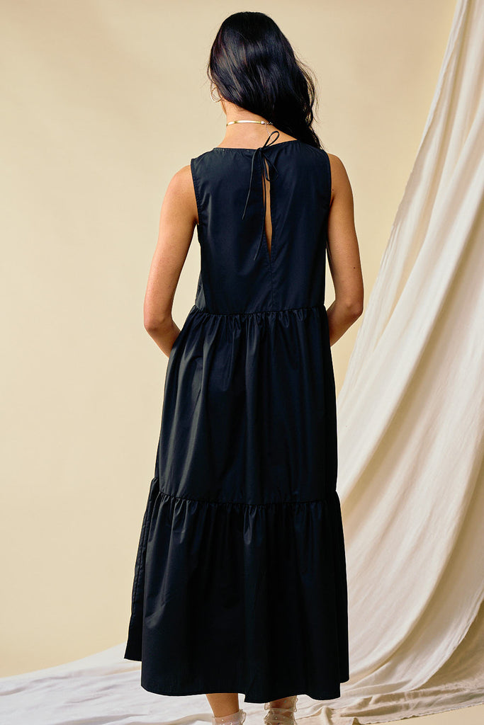 Suddenly Fine Sleeveless Tiered Midi Dress In Black