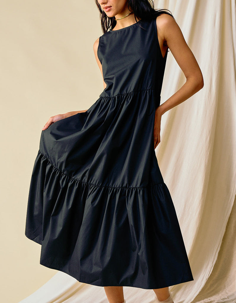 Suddenly Fine Sleeveless Tiered Midi Dress In Black