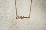 California Cursive Dainty Nameplate Necklace: Rose Gold