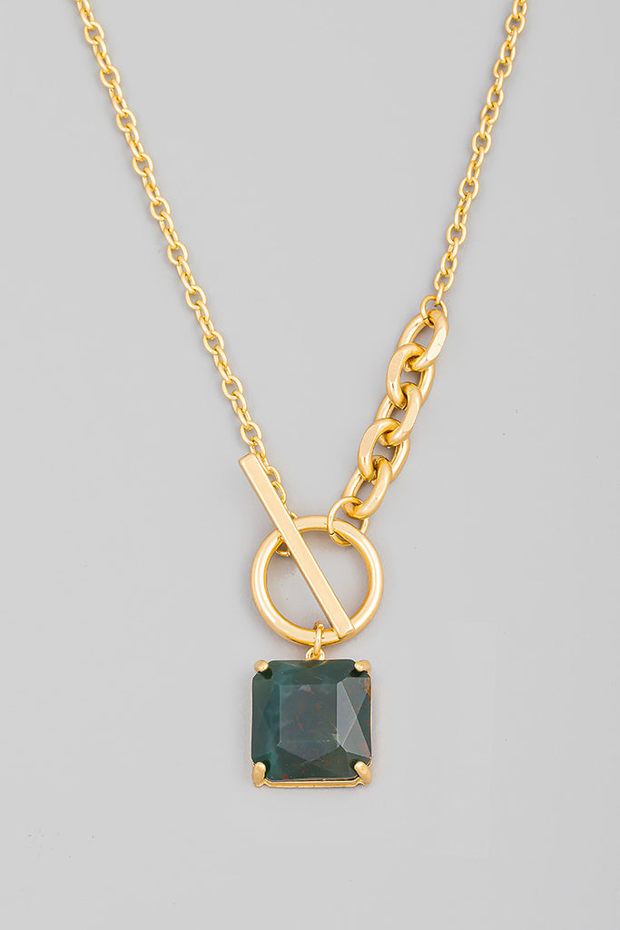 Crystal Stone Square Pendant Toggle Mixed Chain Necklace In Hunter Green