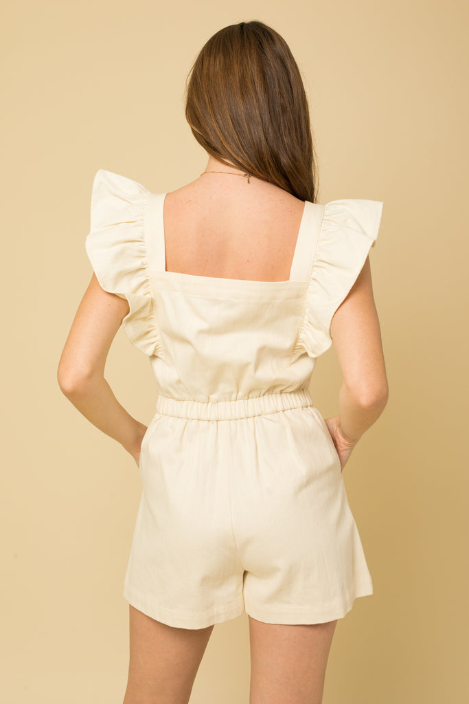 Picture Perfect Ruffle Sleeve Front Zipper Romper In Ivory