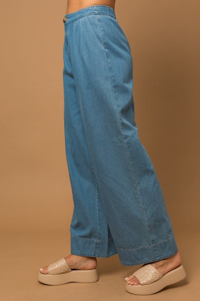 Wide Leg Denim Pleated Trouser Pants