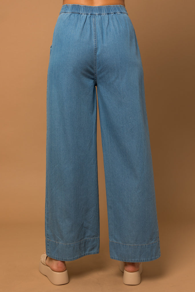 Wide Leg Denim Pleated Trouser Pants