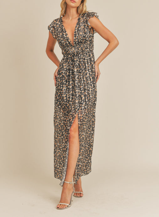 Under The Night Sky Black/Camel Print V-Neck Maxi Dress