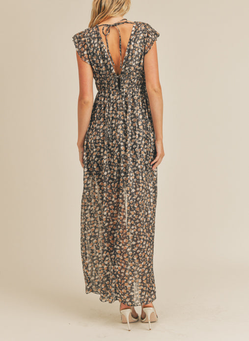 Under The Night Sky Black/Camel Print V-Neck Maxi Dress