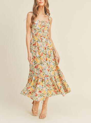 Matilda V Neck Button Front Floral Print Midi Dress In Taupe