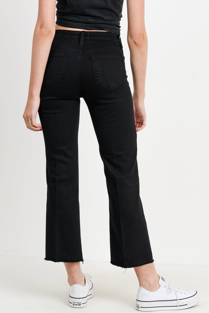 Kick Flare Raw Edge High Rise Denim Jeans In Black By LTJ