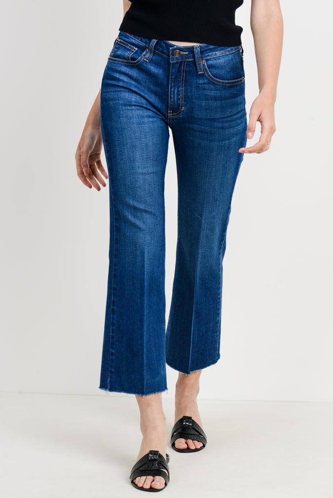 Kick Flare Raw Edge High Rise Denim Jeans In Classic Blue By LTJ