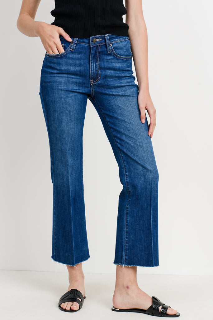 Kick Flare Raw Edge High Rise Denim Jeans In Classic Blue By LTJ