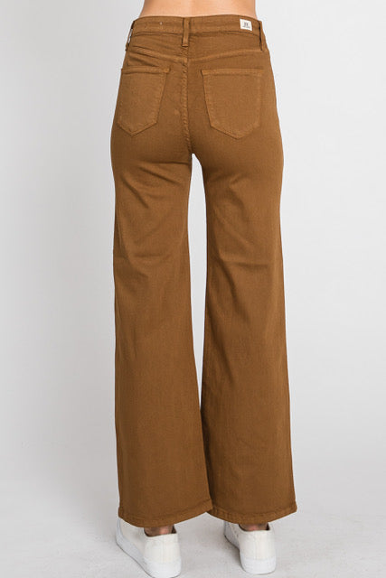 LTJ High Waist Button Front Wide Leg Pants In Camel