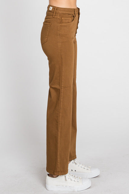 LTJ High Waist Button Front Wide Leg Pants In Camel