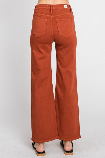 LTJ High Waist Button Front Wide Leg Pants In Rust