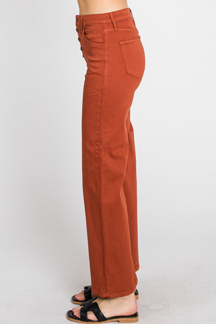 LTJ High Waist Button Front Wide Leg Pants In Rust