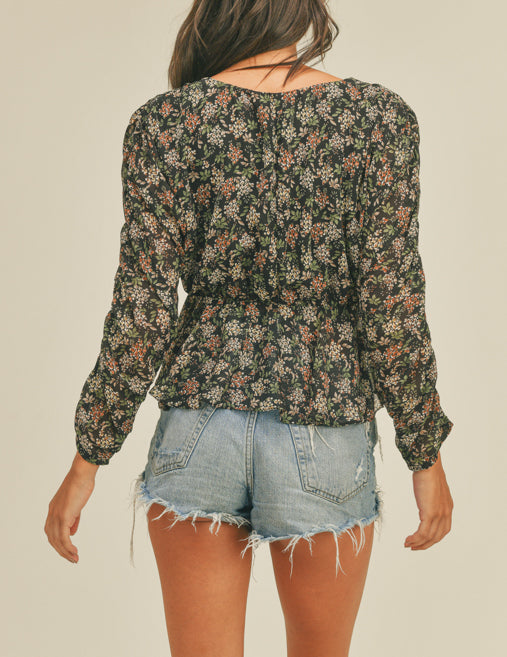 Favorite Memory Black Floral V Neck Long Sleeve Top