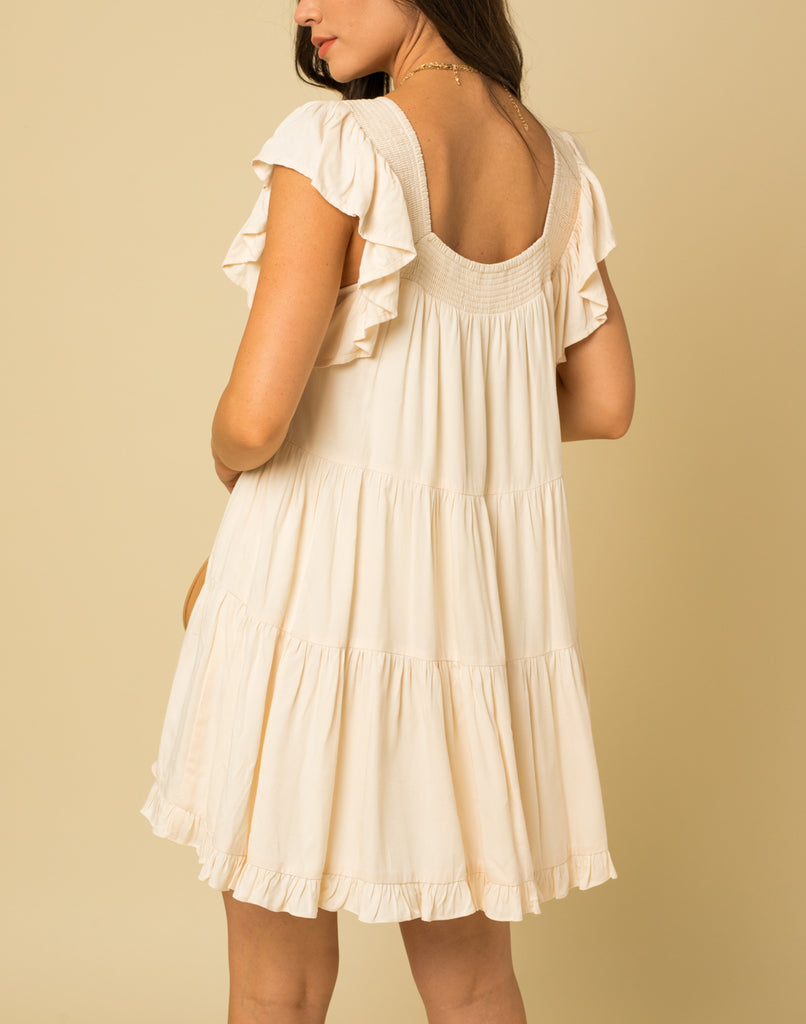 Emma Ruffle Sleeve Tiered Dress In Beige