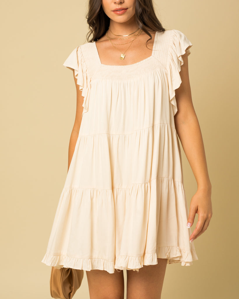 Emma Ruffle Sleeve Tiered Dress In Beige