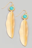 Gold Feather With Turquoise Semi Precious Stone Earrings