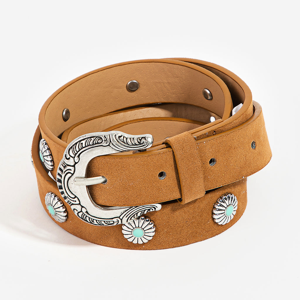 Vegan Suede Brown Western Belt With Turquoise And Silver Accents
