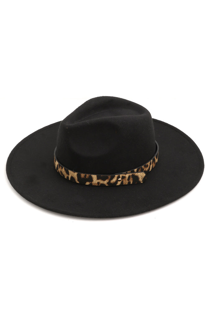 Leopard Love Flat Brim Fedora Hat In Black