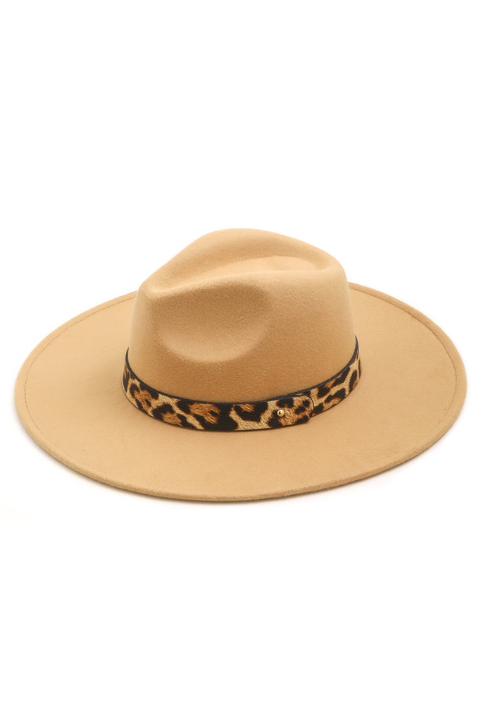 Leopard Love Flat Brim Fedora Hat In Tan