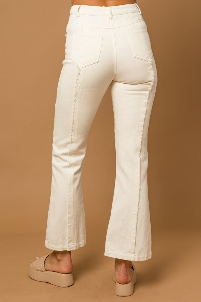 At Ease White High Rise Frayed Hem Flare Pants