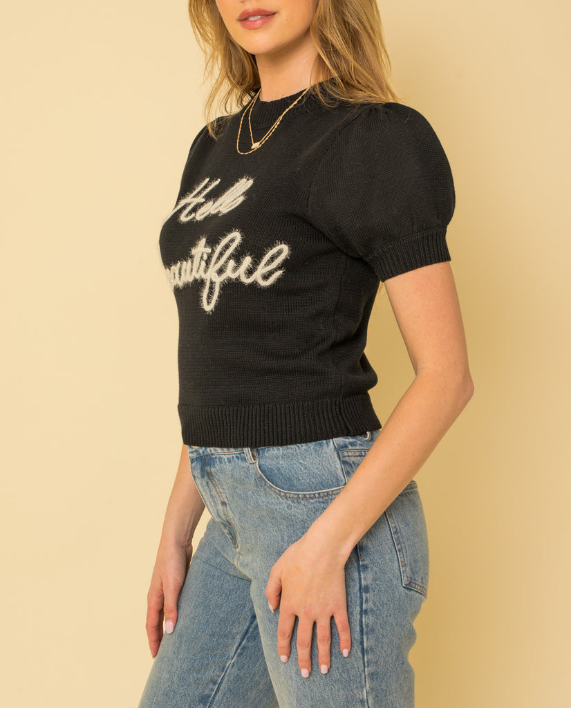 "Hello Beautiful" Short Sleeve Sweater Top In Black