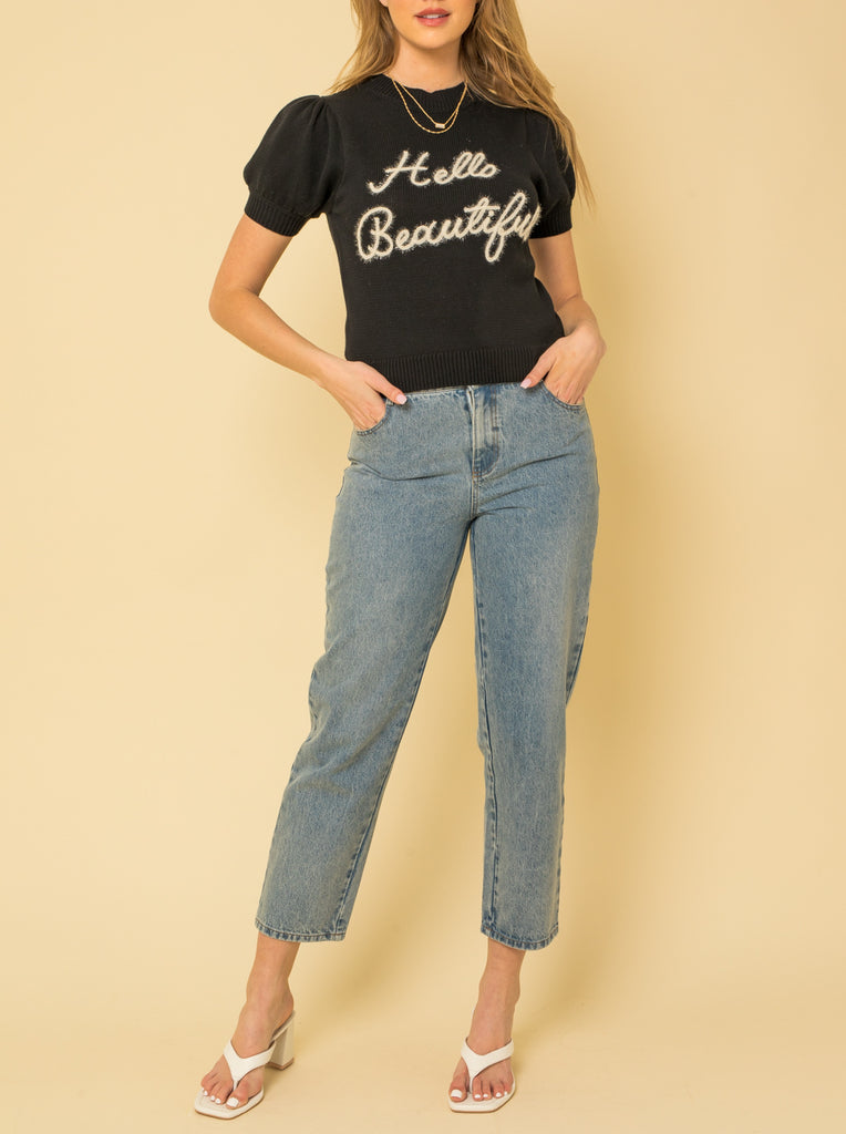 "Hello Beautiful" Short Sleeve Sweater Top In Black