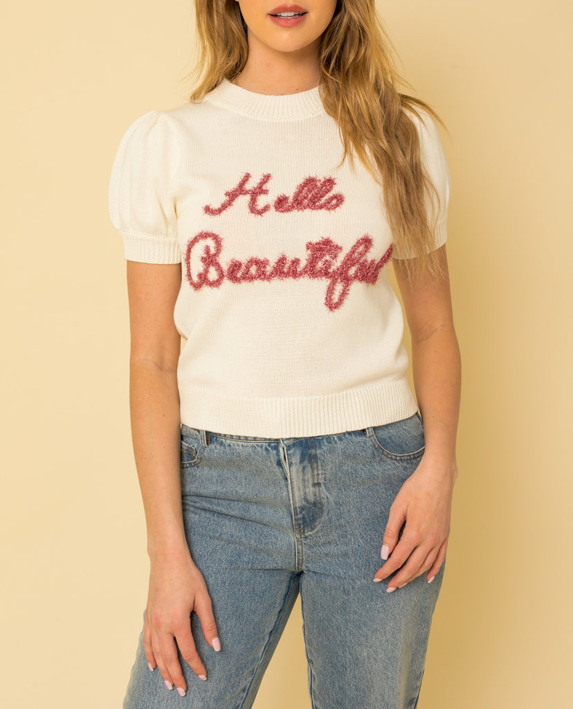"Hello Beautiful" Short Sleeve Sweater Top In Ivory With Pink Trim