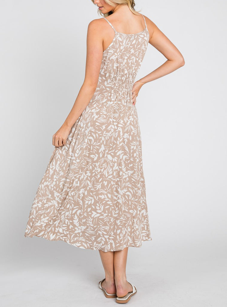 Summer Strutting Button Front Floral Printed Midi Dress In Taupe