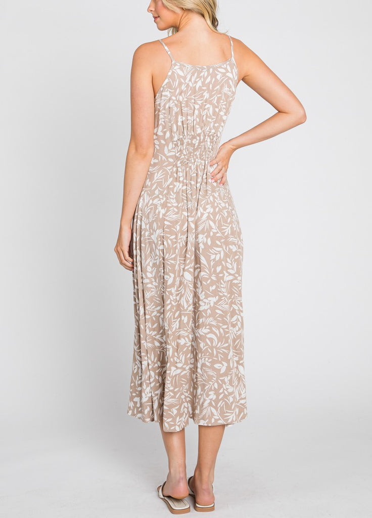 Summer Strutting Button Front Floral Printed Midi Dress In Taupe