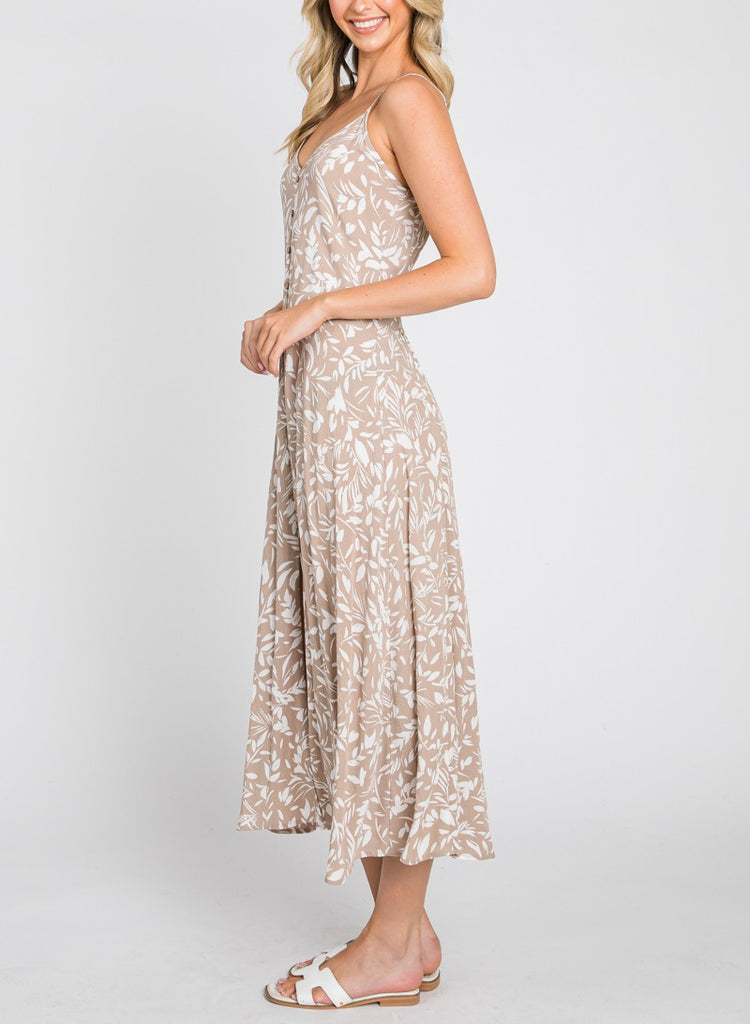 Summer Strutting Button Front Floral Printed Midi Dress In Taupe