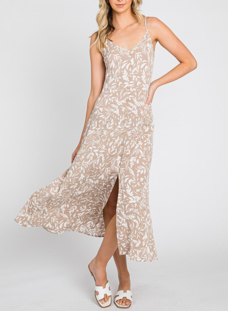 Summer Strutting Button Front Floral Printed Midi Dress In Taupe