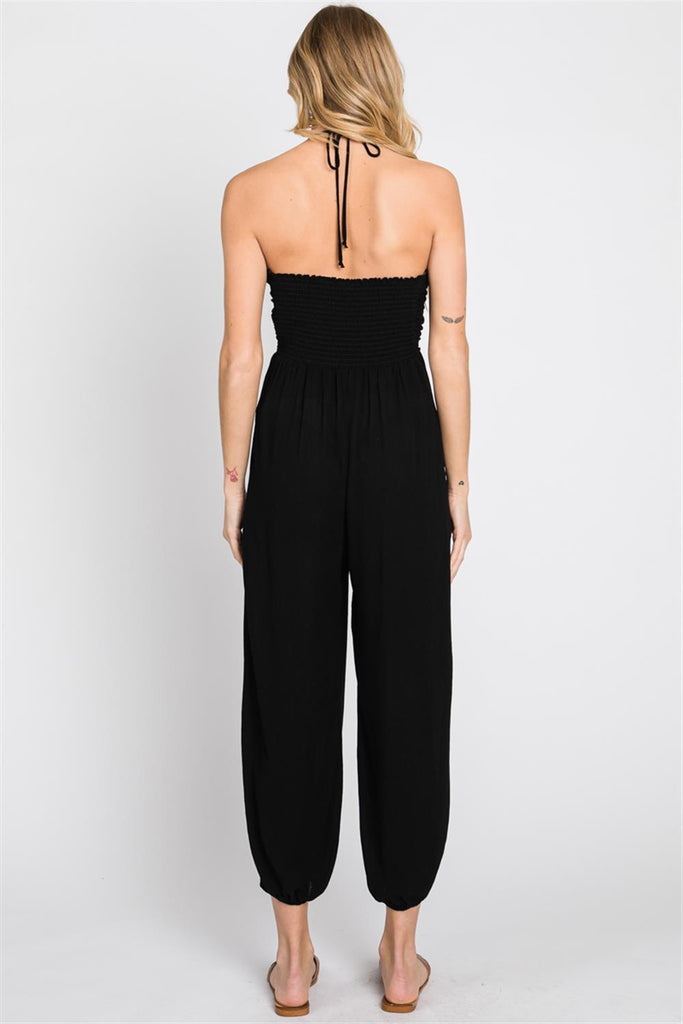 Midnight Skies Deep V Neck Tie Woven Jogger Jumpsuit In Black