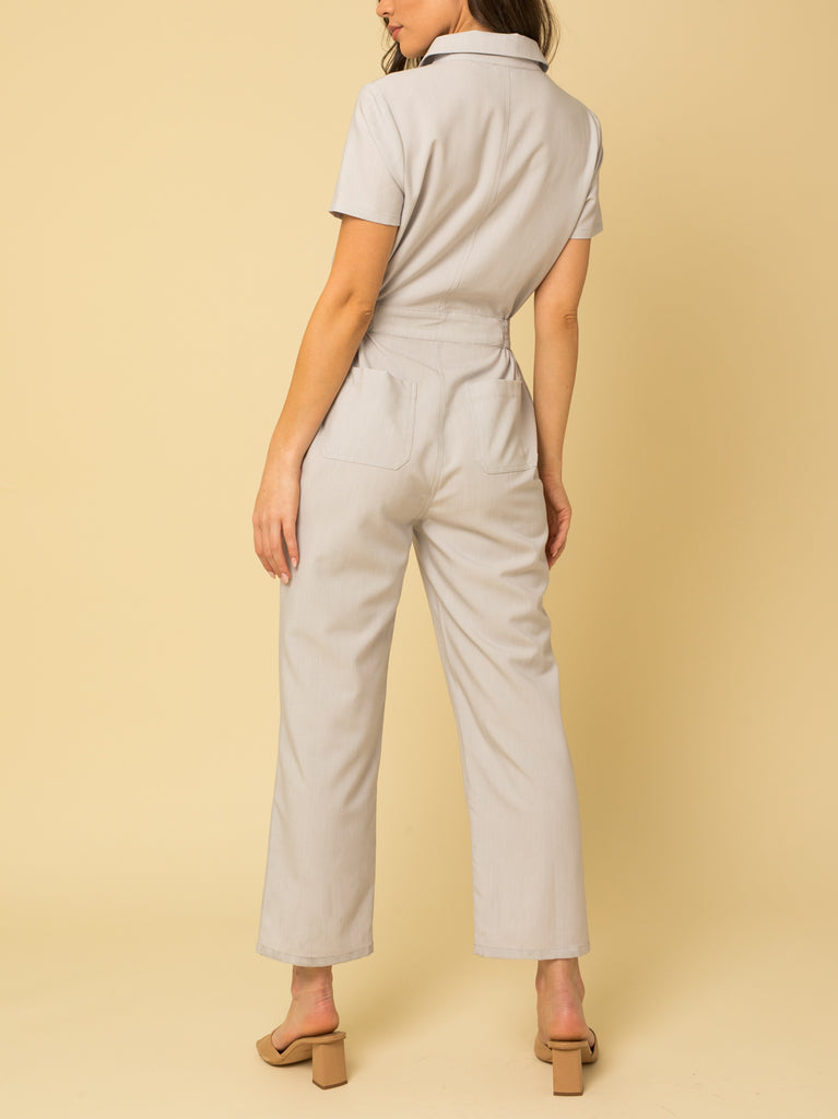 Roaming Free Buttoned Utility Jumpsuit In Light Grey