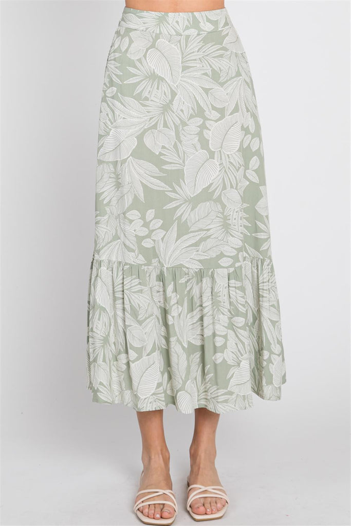 Maribel Tropical Printed Tiered Midi Skirt In Sage