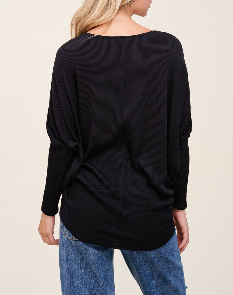 Soft Ribbed Dolman Top In Black
