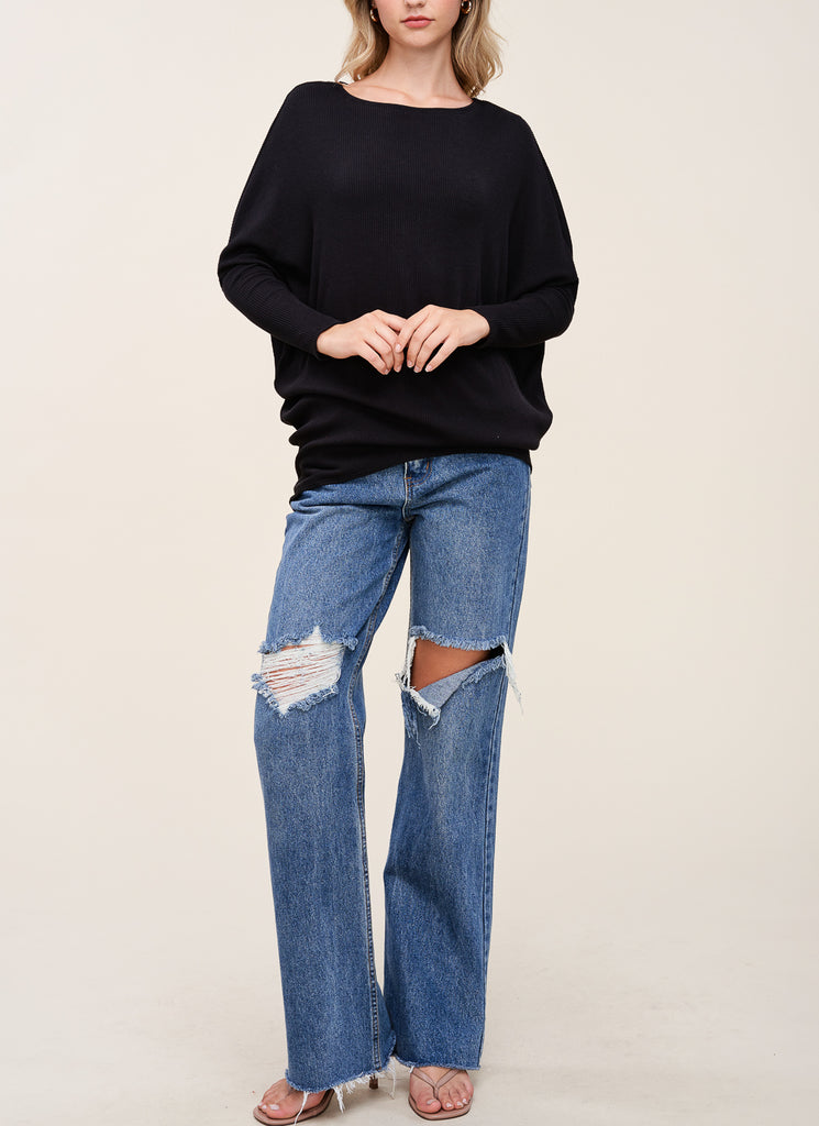 Soft Ribbed Dolman Top In Black