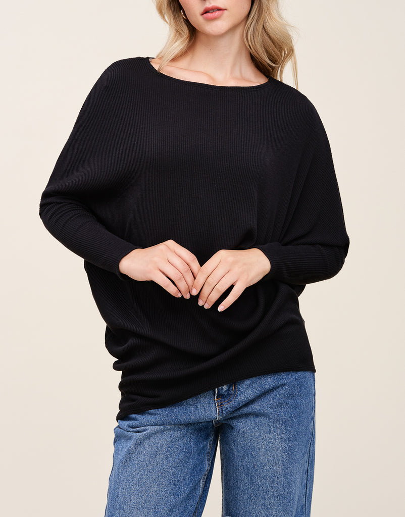 Soft Ribbed Dolman Top In Black