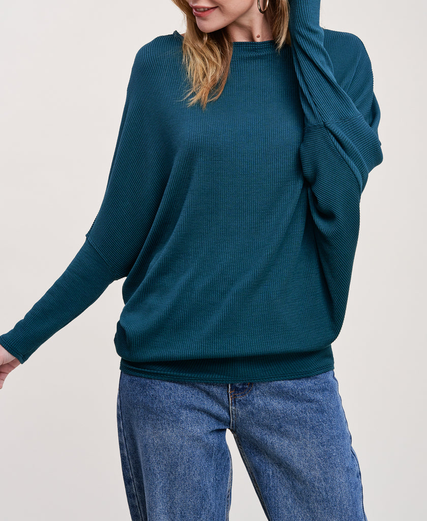 Soft Ribbed Dolman Top In Teal