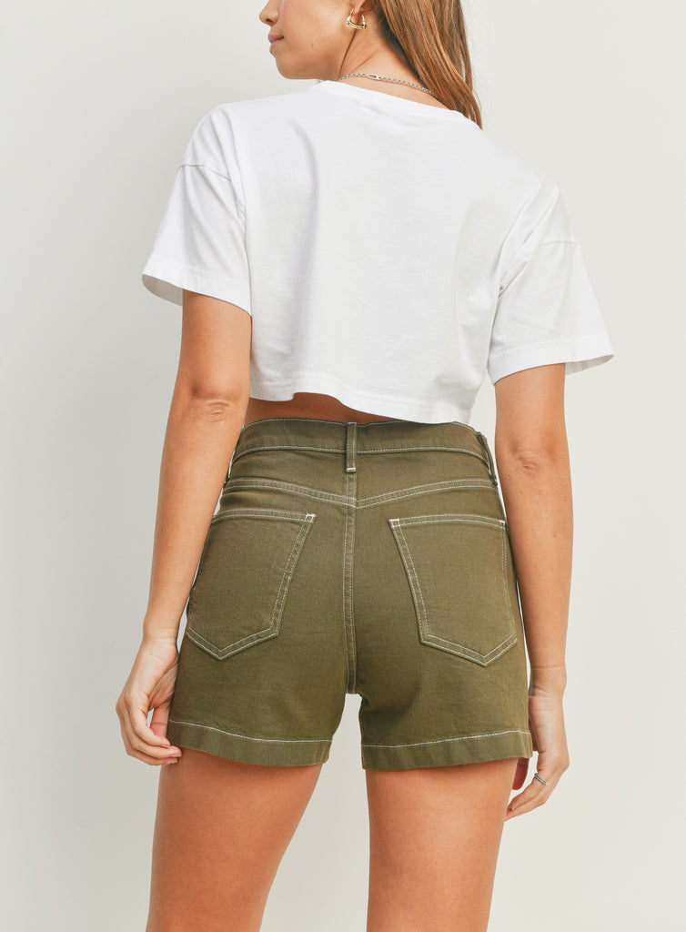 Stunner High Waisted Shorts With Contrast Stitching In Olive