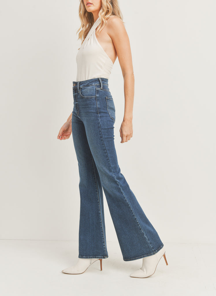 The Cher Ultra High Waist Bell Bottom Jeans In Dark Denim
