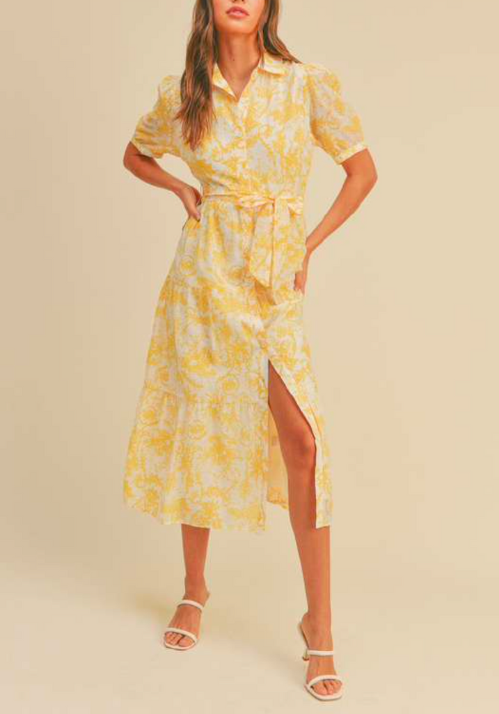 Endless Afternoon Button Closure Puff Sleeve Eclectic Print Midi Dress In Yellow